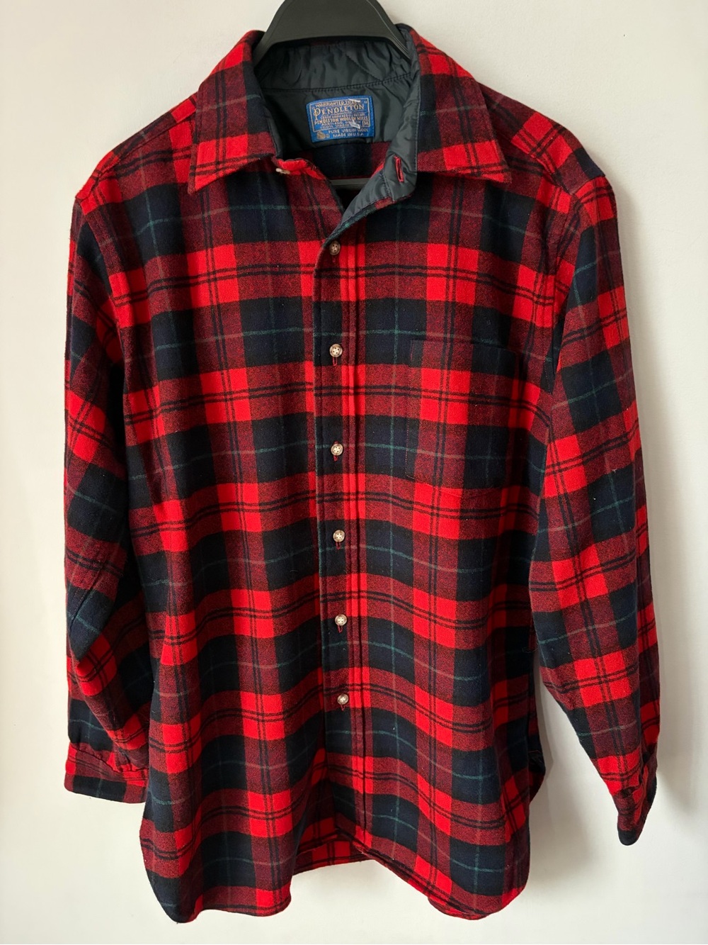 Pendleton 100% Wool Red Navy Plaid Flannel Shirt USA